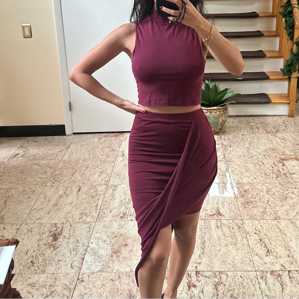 Burgundy wrap skirt and crop top set. size small, great condition